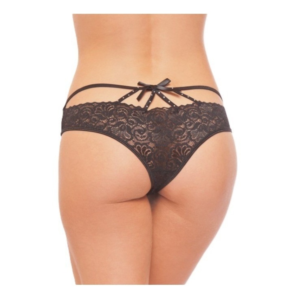 Cacique Black Lace Strappy Back Rhinestone Bow Bikini Panties 22/24 XXL
